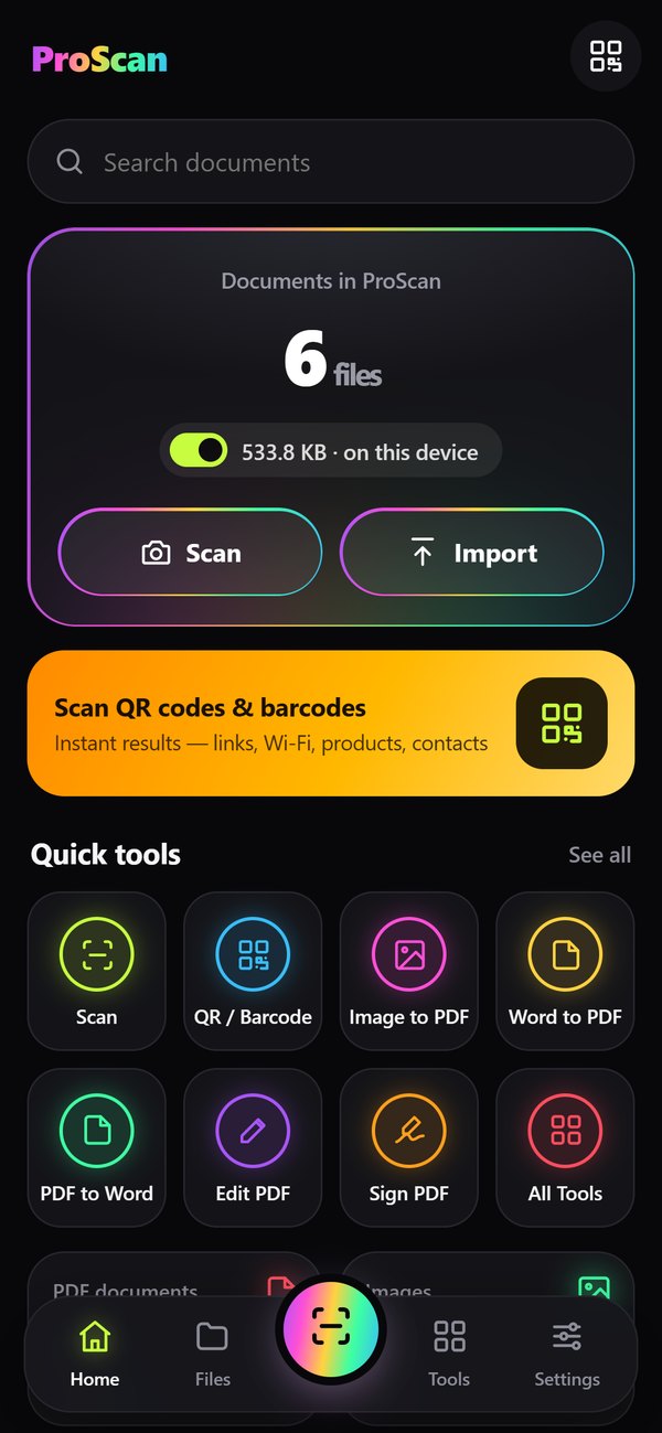 ProScan home screen